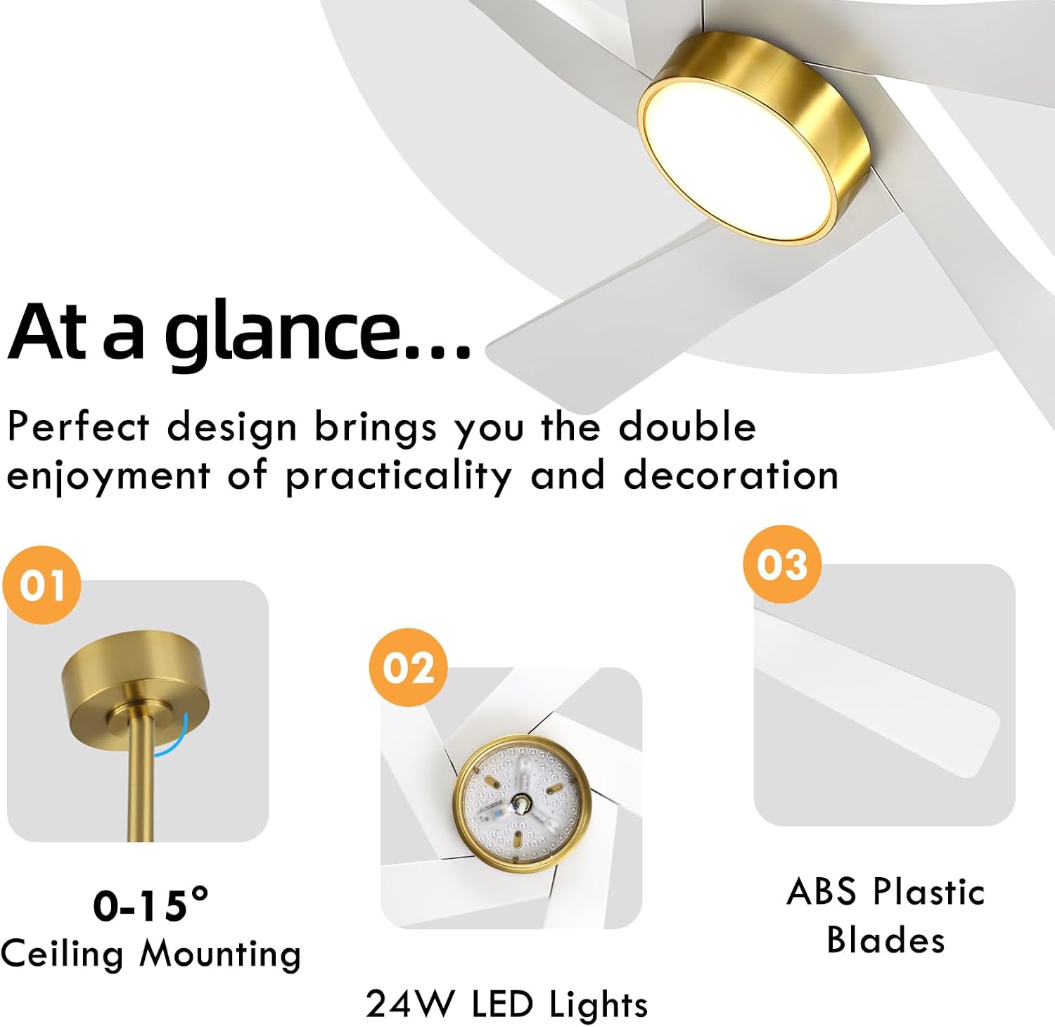 WINGBO 54' ABS DC Ceiling Fan with Lights, 5 Blade ABS Plastic Ceiling Fan with Remote, 6-Speed Reversible DC Motor, LED Ceiling Fans for Kitchen Bedroom Living Room, Brass and White