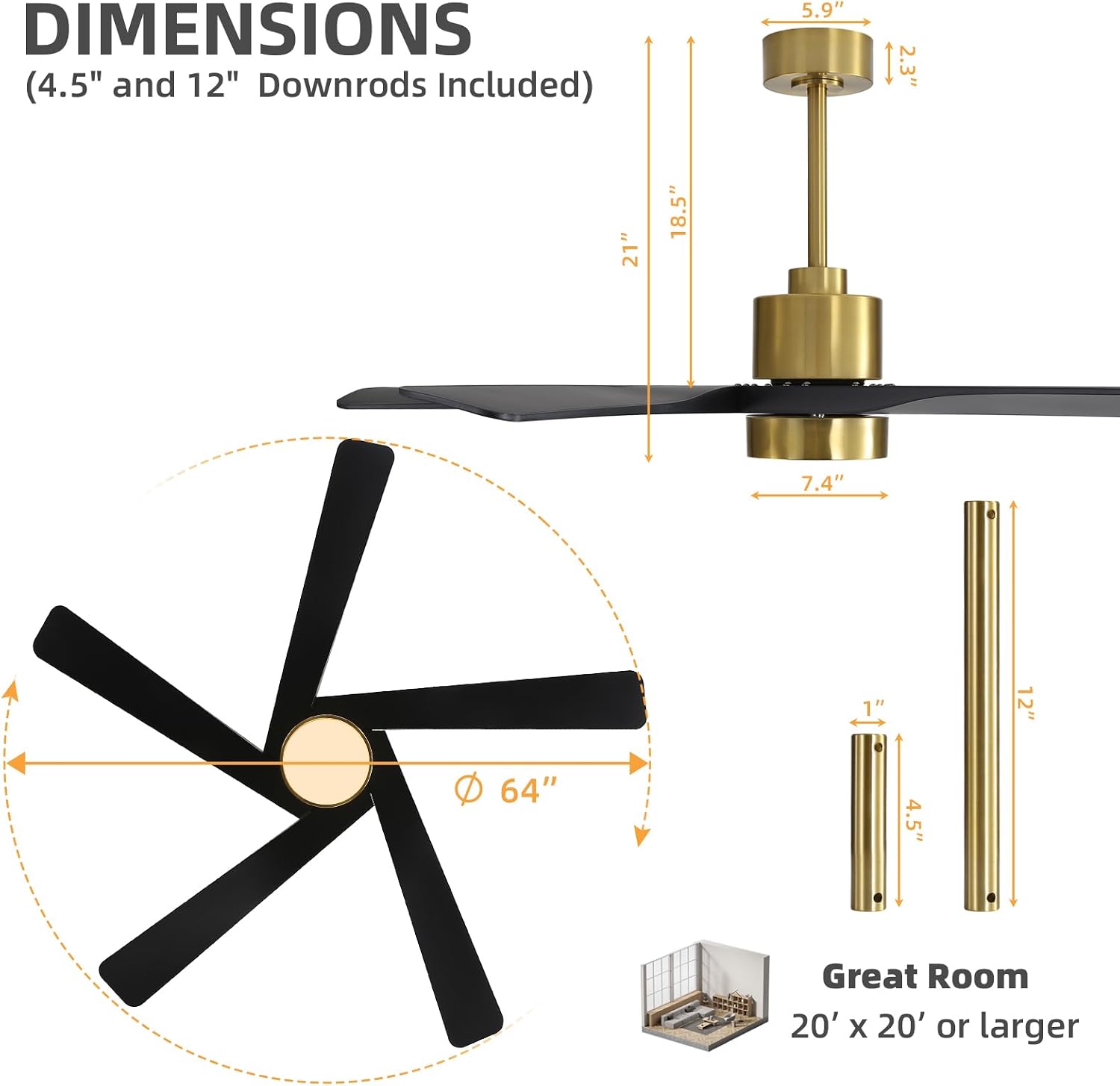 WINGBO 64' ABS DC Ceiling Fan with Lights, 5 Blade ABS Plastic Ceiling Fan with Remote, 6-Speed Reversible DC Motor, LED Ceiling Fans for Kitchen Bedroom Living Room, Brass and Matte Black