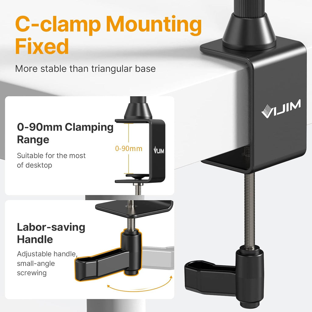 JUSMO LS15 Pro Camera Desk Mount, Aluminum Overhead Camera Mount Rig, Table Multi-Device Pole to Mount Magic Arm Clamp, DSLR, Cameras, Phone, Light, Microphone, Streaming, Studio, Max Load 22 lb