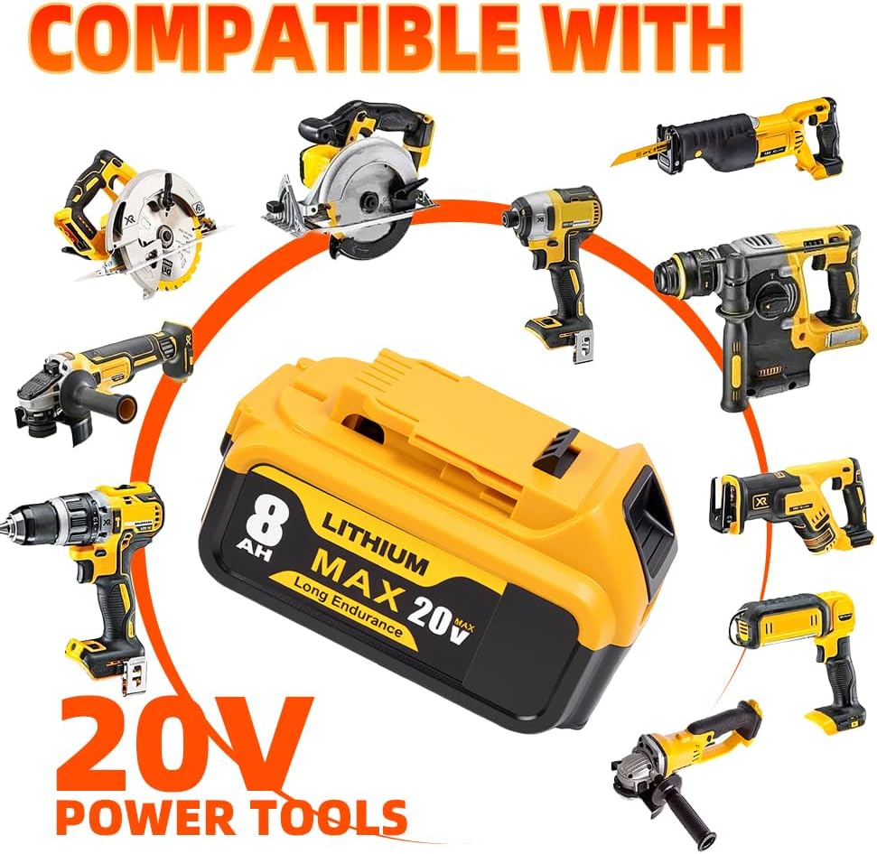 1Pack 8.0Ah 20V Battery Replacement for Dewalt 20V Lithium Battery Compatible with Dewalt 20 Volt MAX XR DCB200 DCB201 DCB203 DCB204 DCB205 DCB206 DCD DCF DCG Series Cordless Power Tools