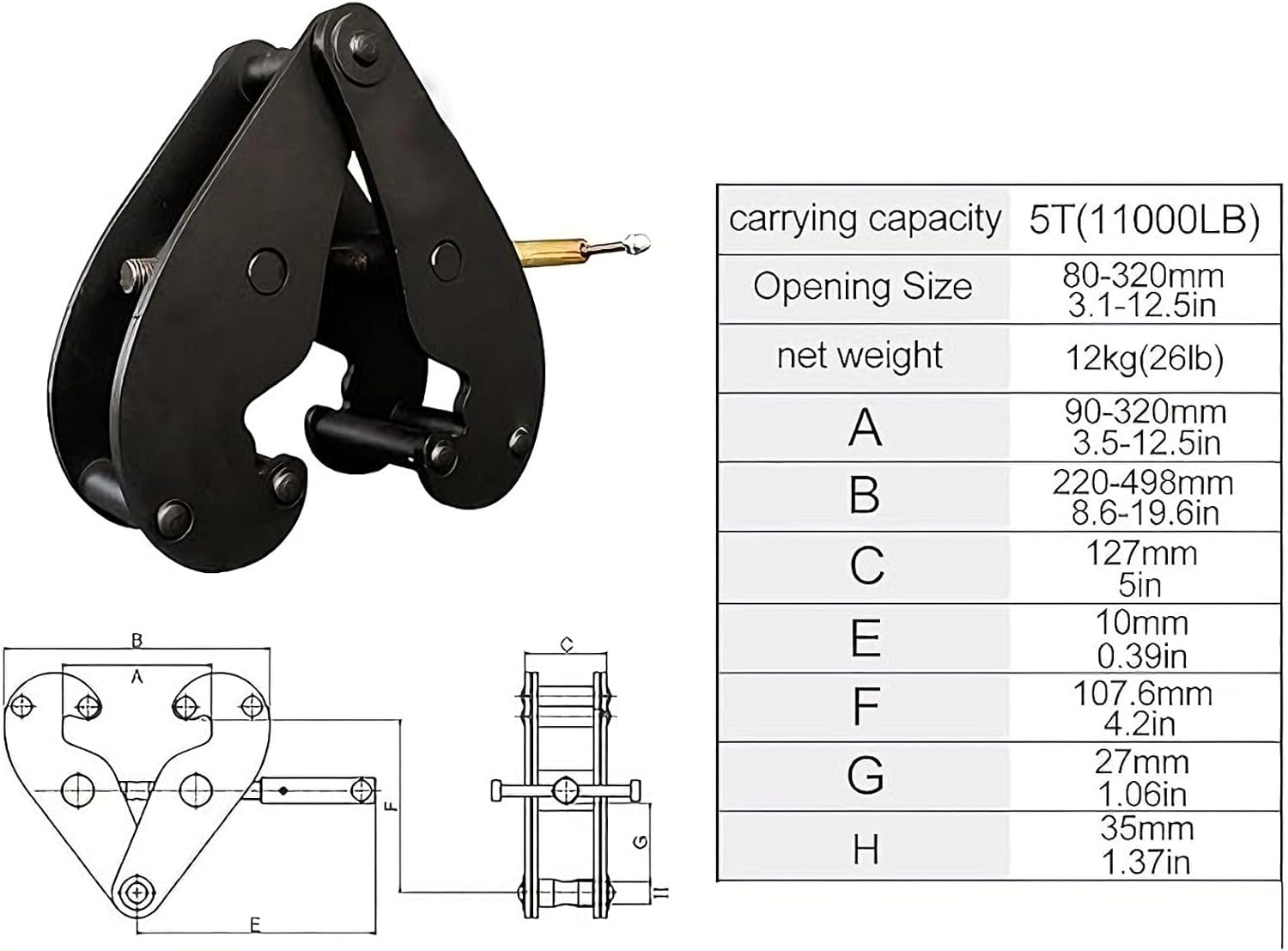 Lifting Clamps, Rail Clamp Lifting Tongs, Rail Clamps, Opening Sizes 75-320 Mm (2.9-12.5 in), Forged Alloy Steel, Suitable for Timber and Firewood Handling(Size:5T/11000LBS)