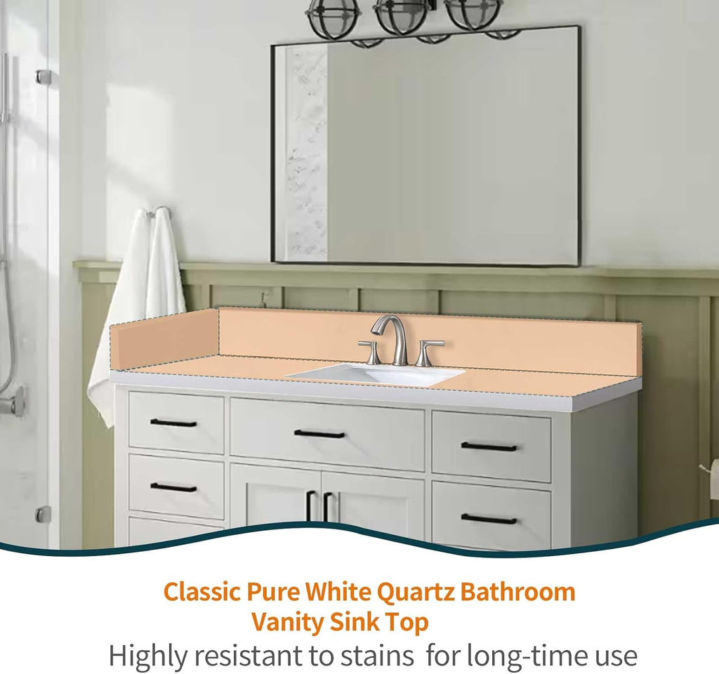 48' x 22' Vanity Top, Quartz Vanity Sink Top in Pure White, with One Sidesplash & One Backsplash, with Undermounted Sink,8 Inch Faucet Hole Spread for Vanity Top with Sink