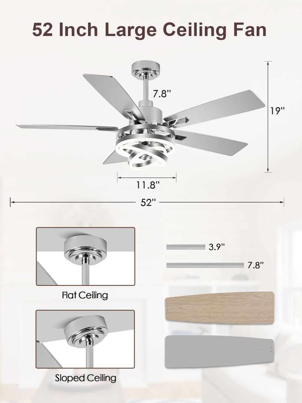 52' Ceiling Fan with Lights and Remote Contro Modern Chandelier Ceiling Fan with Lights 6 Speed 3 Timing for Bedroom Living Room Kitchen（Chrome）