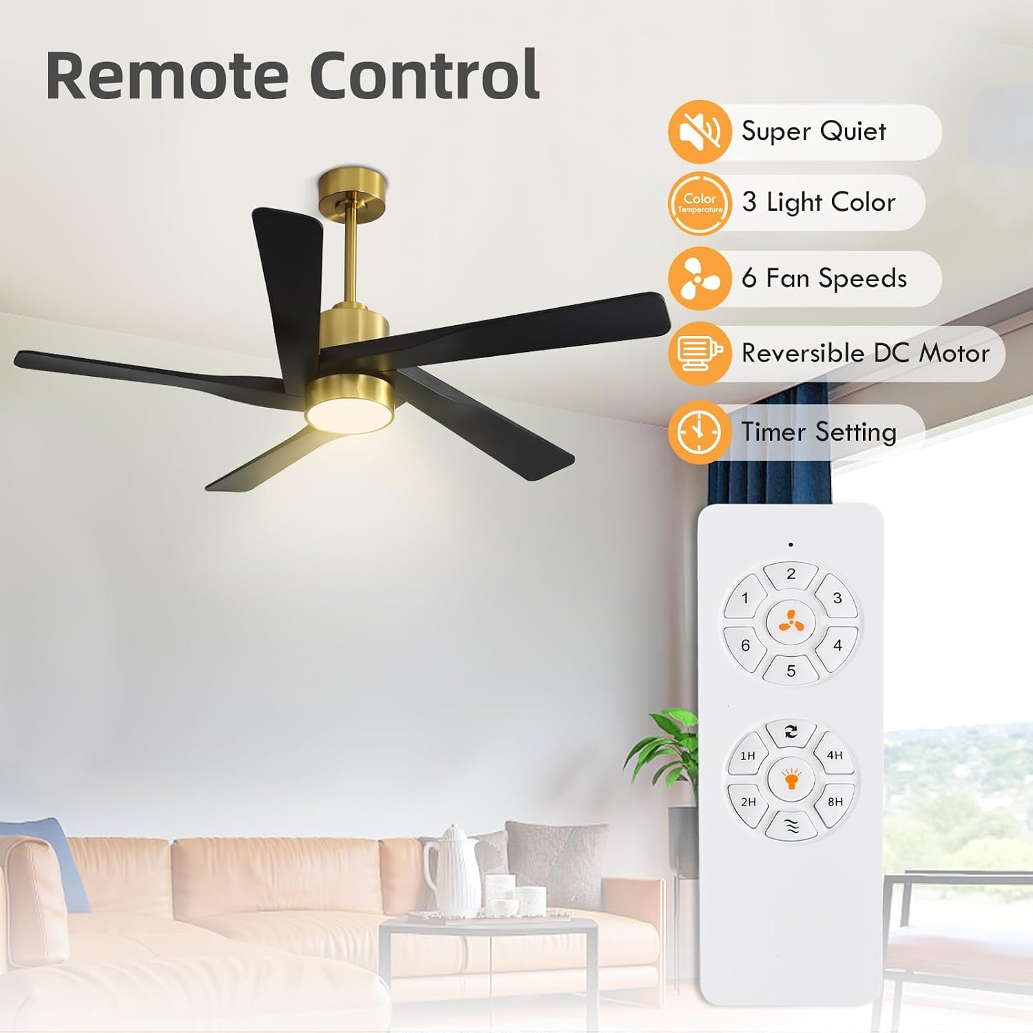WINGBO 64' ABS DC Ceiling Fan with Lights, 5 Blade ABS Plastic Ceiling Fan with Remote, 6-Speed Reversible DC Motor, LED Ceiling Fans for Kitchen Bedroom Living Room, Brass and Matte Black