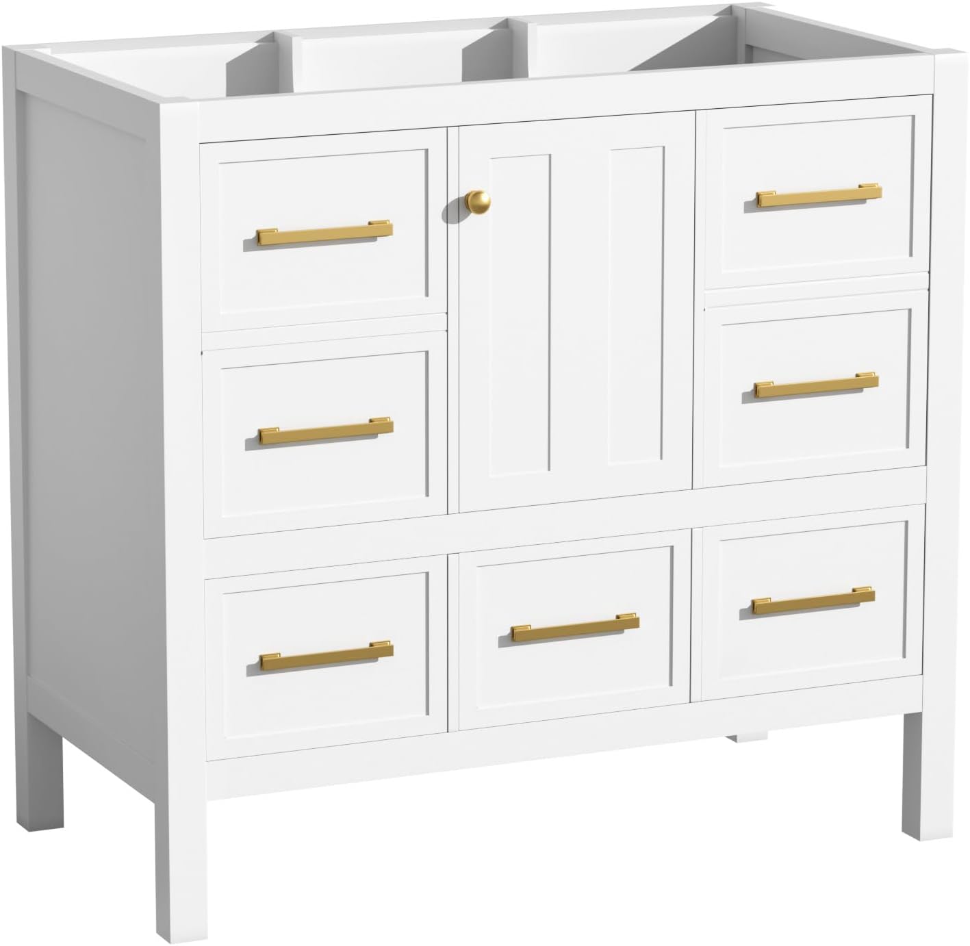 Merax 36 Inch White Bathroom Vanity Without Sink Top,Freestanding Bathroom Vanity Base Cabinet Only,with 5 Drawers,Soft Closing Door & Gold Handles,Solid Wood Frame(Basin Not Included),1 Package