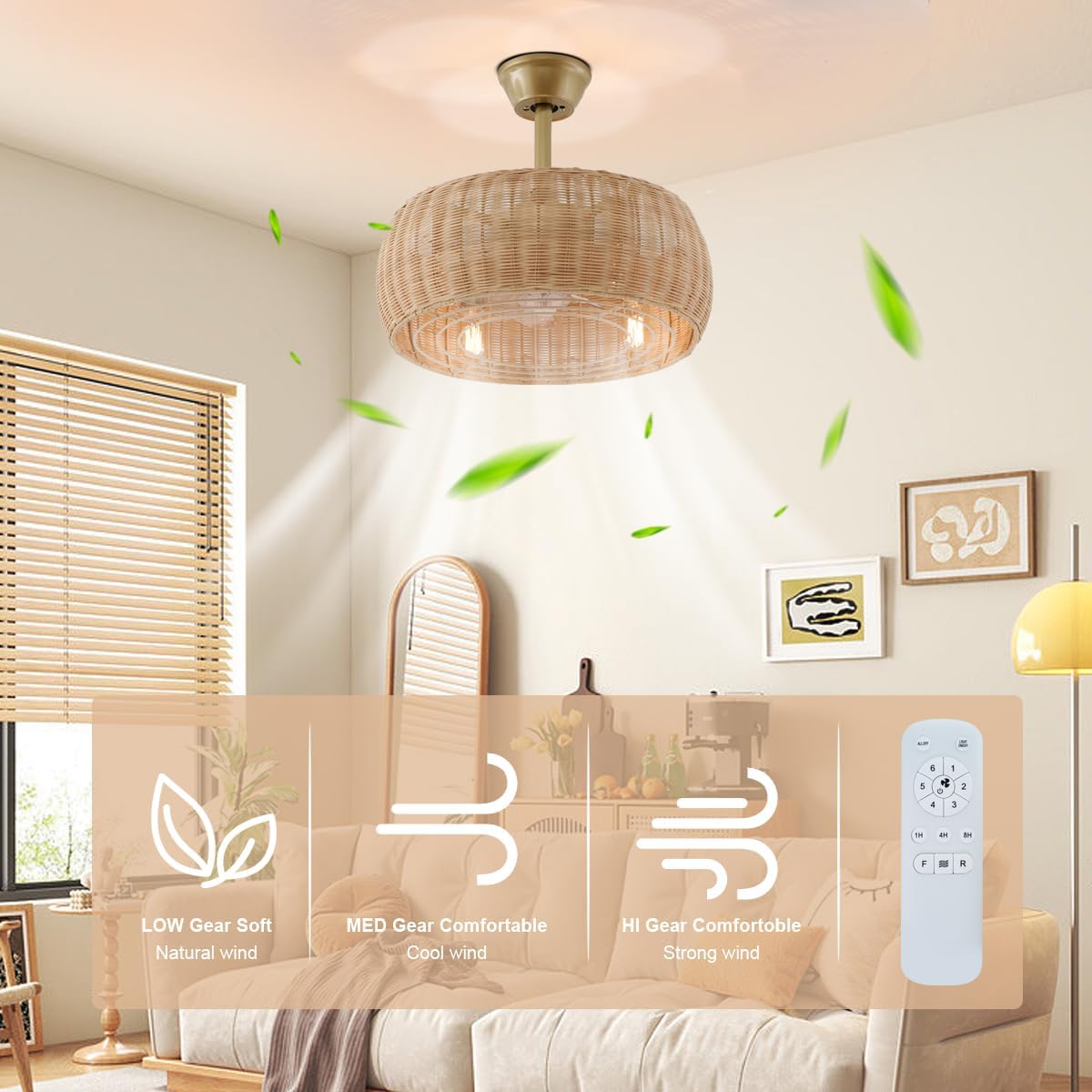 18.1' Rattan Caged Ceiling Fan with Lights 4-Light Beige Fandelier with Light Boho Bamboo Chandelier Fan with Light Reversible Motor, Remote Wicker Pendant Light with Fan for Bedroom Living Room
