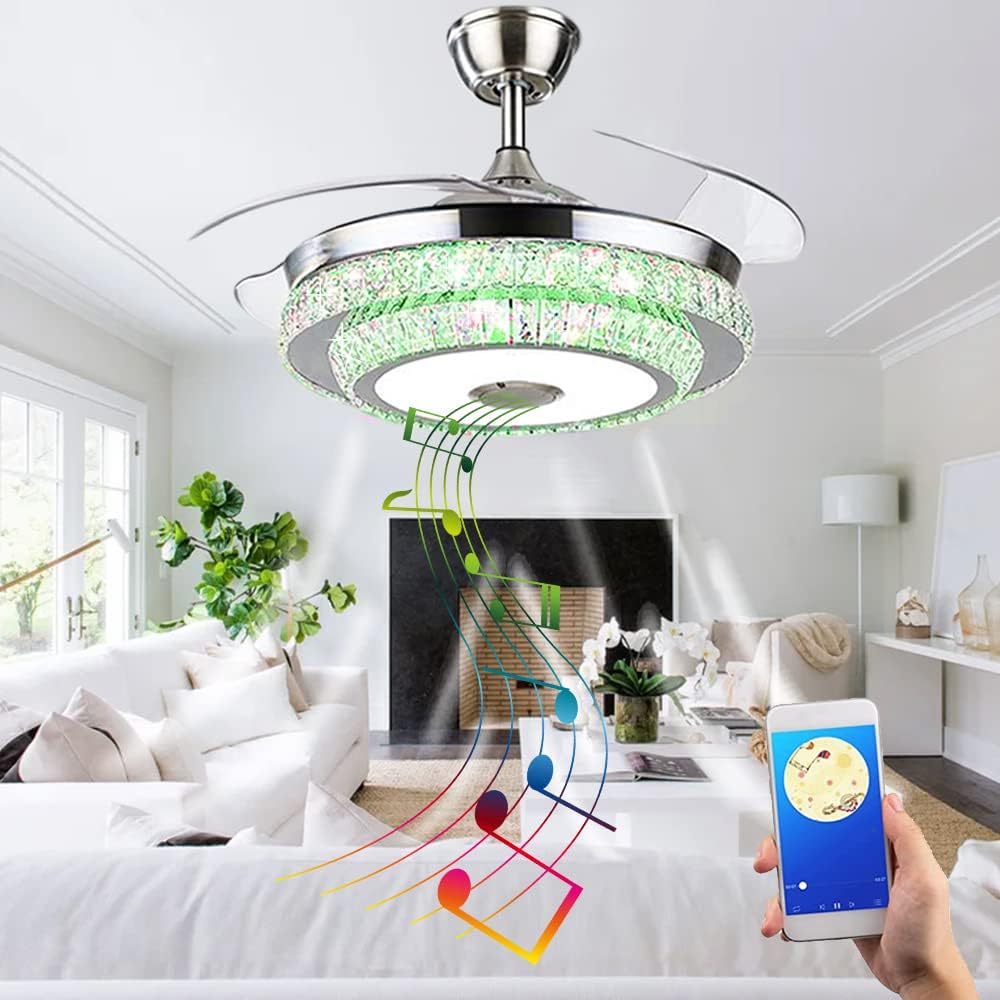 42'' Fandelier Crystal Ceiling Fan with Light, 3 Speeds Changes 7 Colors Dimmable Fandelier Bluetooth Speaker Music Ceiling Fans Modern 2 Layers Crystal Light Fixture for Bedroom,Living Room