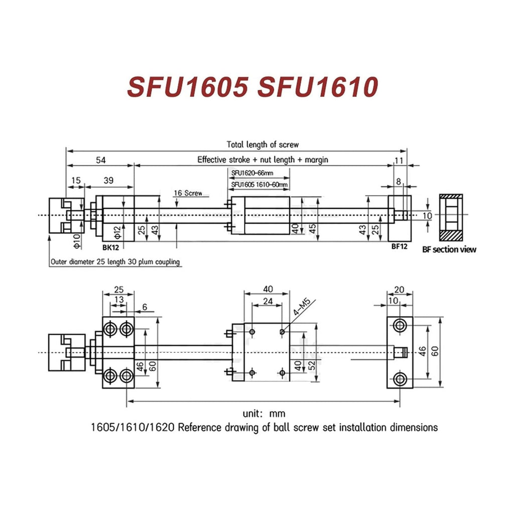Metal Ball Screw nut 1 Set 16mm Ball Screw SFU1610 with 10mm Pitch Single Ball Nut + Bearings for CNC(950mm)