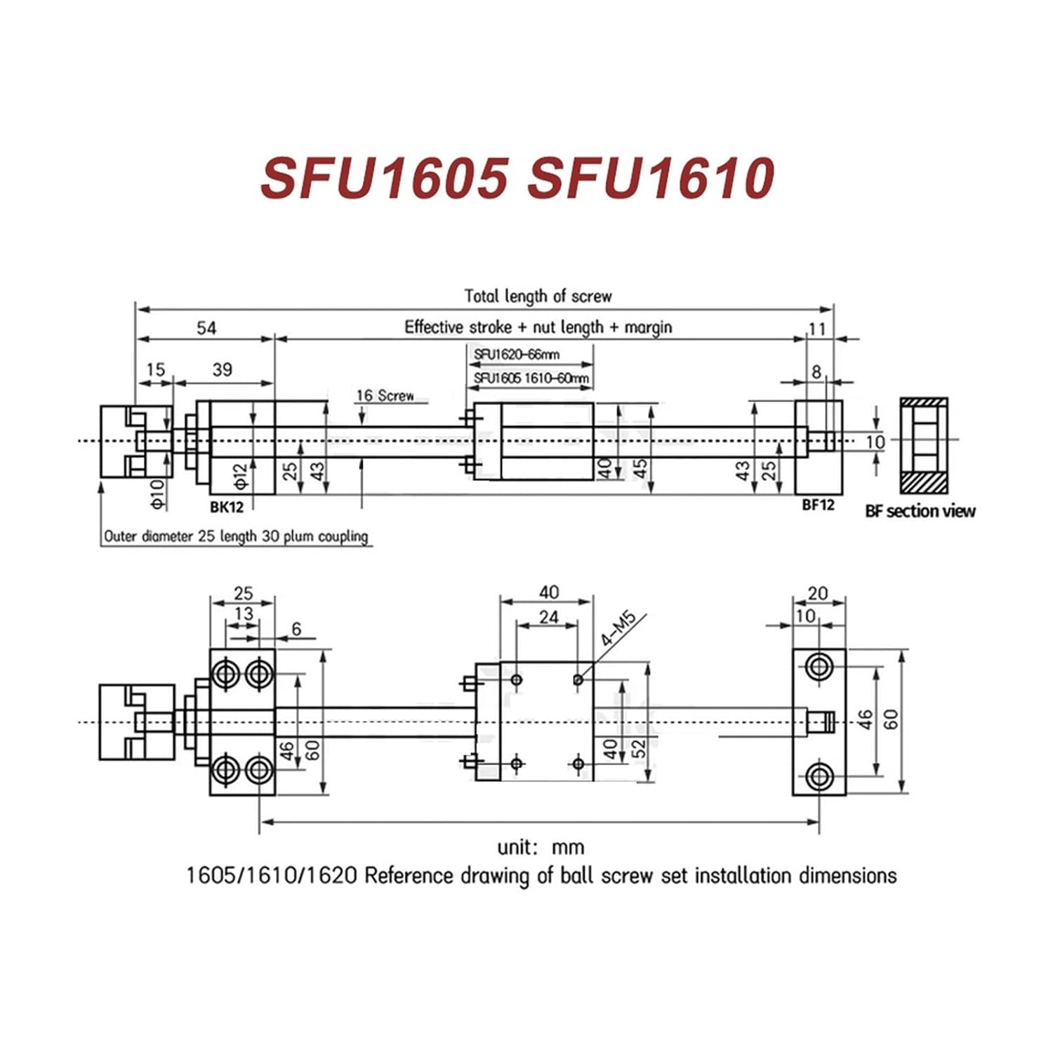 Metal Ball Screw nut 1 Set 16mm Ball Screw SFU1610 with 10mm Pitch Single Ball Nut + Bearings for CNC(650mm)