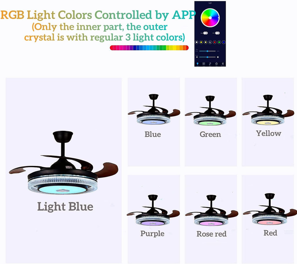 42in Fandelier Ceiling Fan with Lights and Bluetooth Speaker,Modern Crystal Chandelier LED Fan 6 Speeds Fans Music with Remote Control Modern Crystal Invisible Blades with Silent Motor