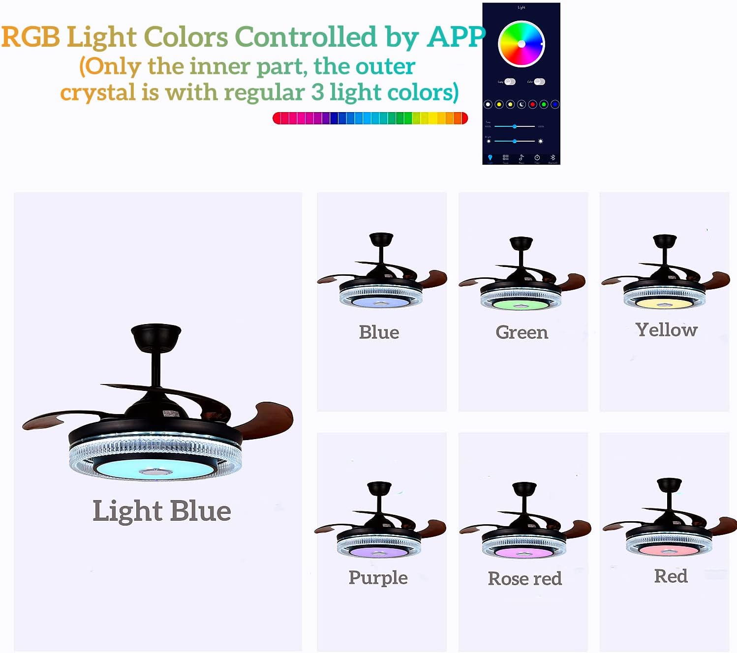42in Fandelier Ceiling Fan with Lights and Bluetooth Speaker,Modern Crystal Chandelier LED Fan 6 Speeds Fans Music with Remote Control Modern Crystal Invisible Blades with Silent Motor