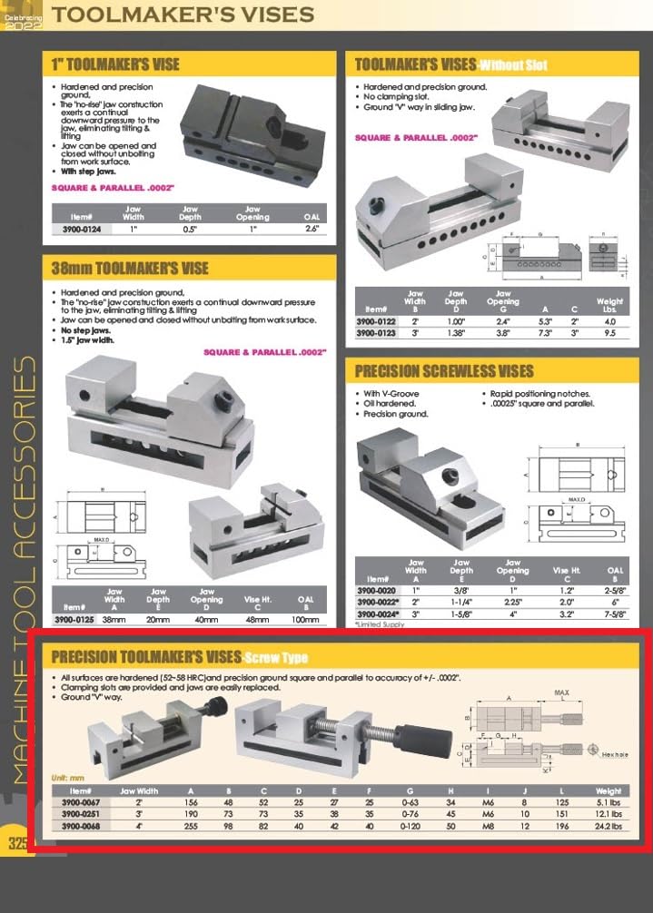 HHIP 3900-0251 Precision Toolmaker's Vise, 3' Width x 1.375' Depth Jaw, 4' Jaw Opening (Pack of 1)