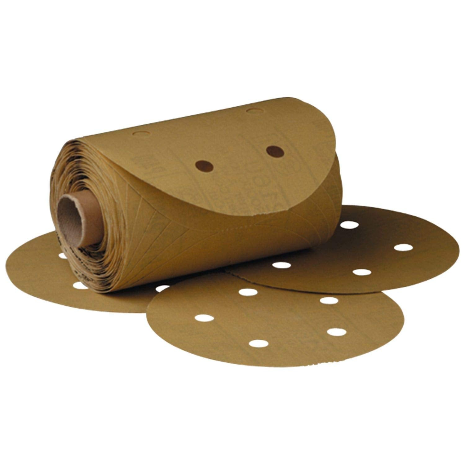 Cubitron II 3M Stikit Gold Paper Disc Roll 216U, 5 in x NH 5 Holes P400 A-weight, D/F, Die 500FH, 175 discs per roll
