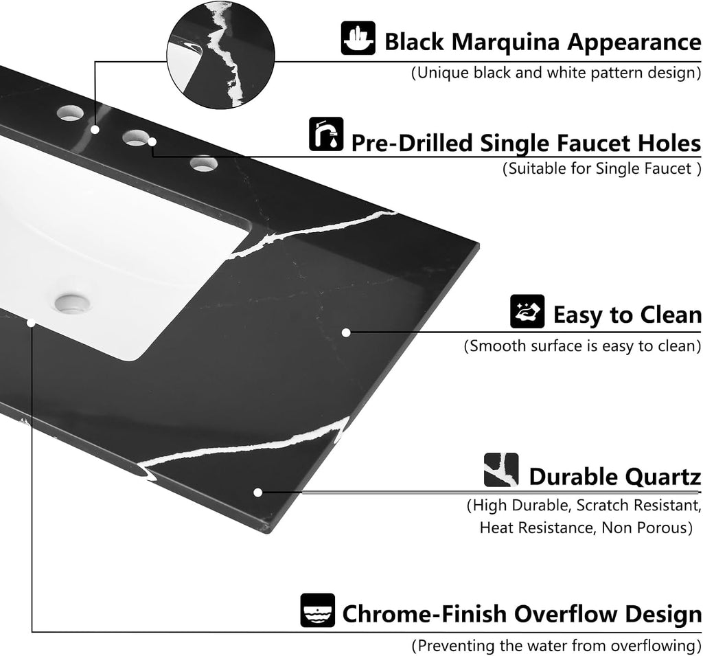 36 in. W x 22 in D Quartz Vanity Top in Black Marquina,with One Sidesplash & One Backsplash, Vanity Sink Top with Assembled Single Drop-in Sink, Pre-Drilled 8 Inch Faucet Hole Countertop