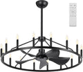 She's home 43' Black Wagon Wheel Chandelier Farmhouse Ceiling Fan with Light and Remote,16-Lights Large Fandelier with Candle,Rustic Big Light Fixture for Living Room