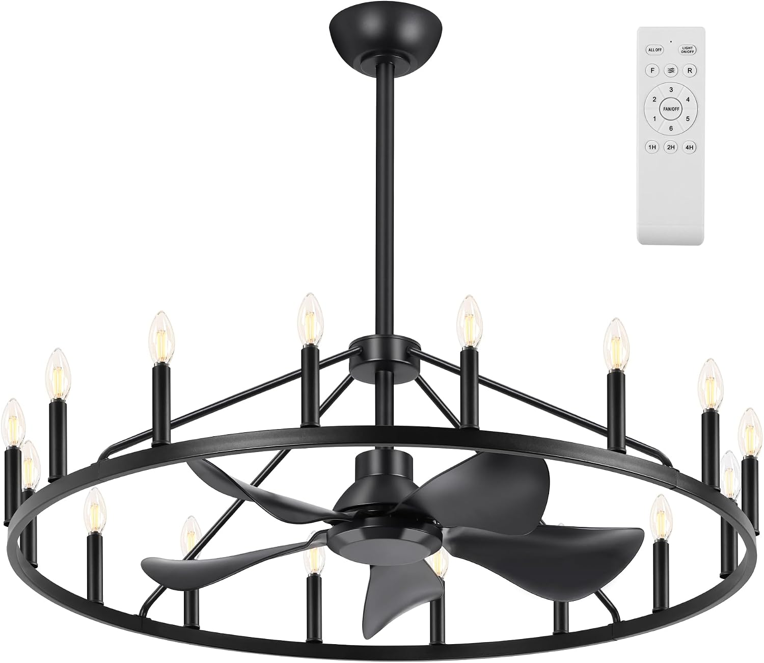 She's home 43' Black Wagon Wheel Chandelier Farmhouse Ceiling Fan with Light and Remote,16-Lights Large Fandelier with Candle,Rustic Big Light Fixture for Living Room