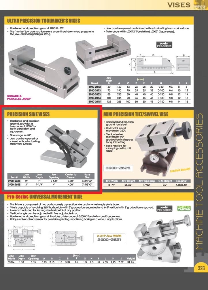 HHIP 3900-2605 Precision Sine Vise, 4' Opening, 3'