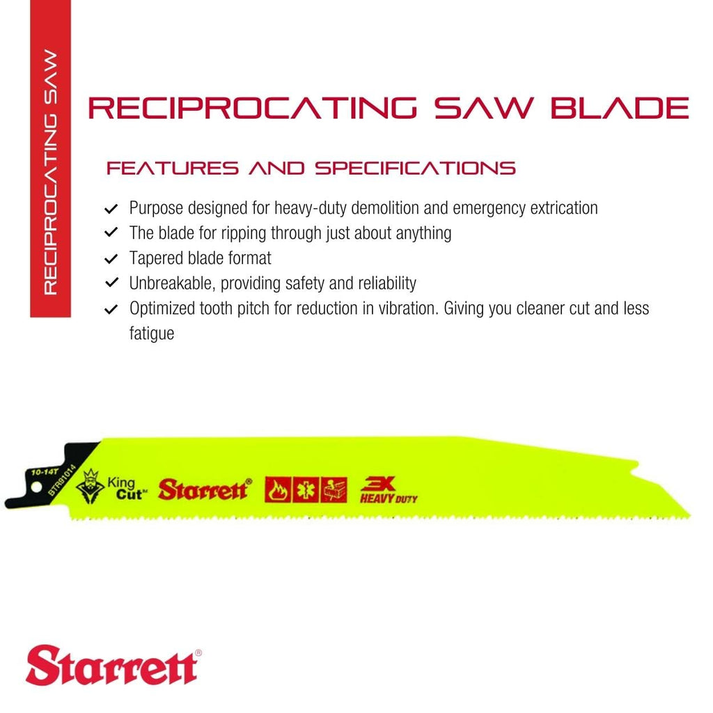 Starrett Bi-Metal King Cut Fire Rescue and Demolition Reciprocating Saw Blade - 9' Length, 1' Width, 0.63' Thickness, Tapered Blade, 10-14 TPI - 50-Pack - BTR91014-50