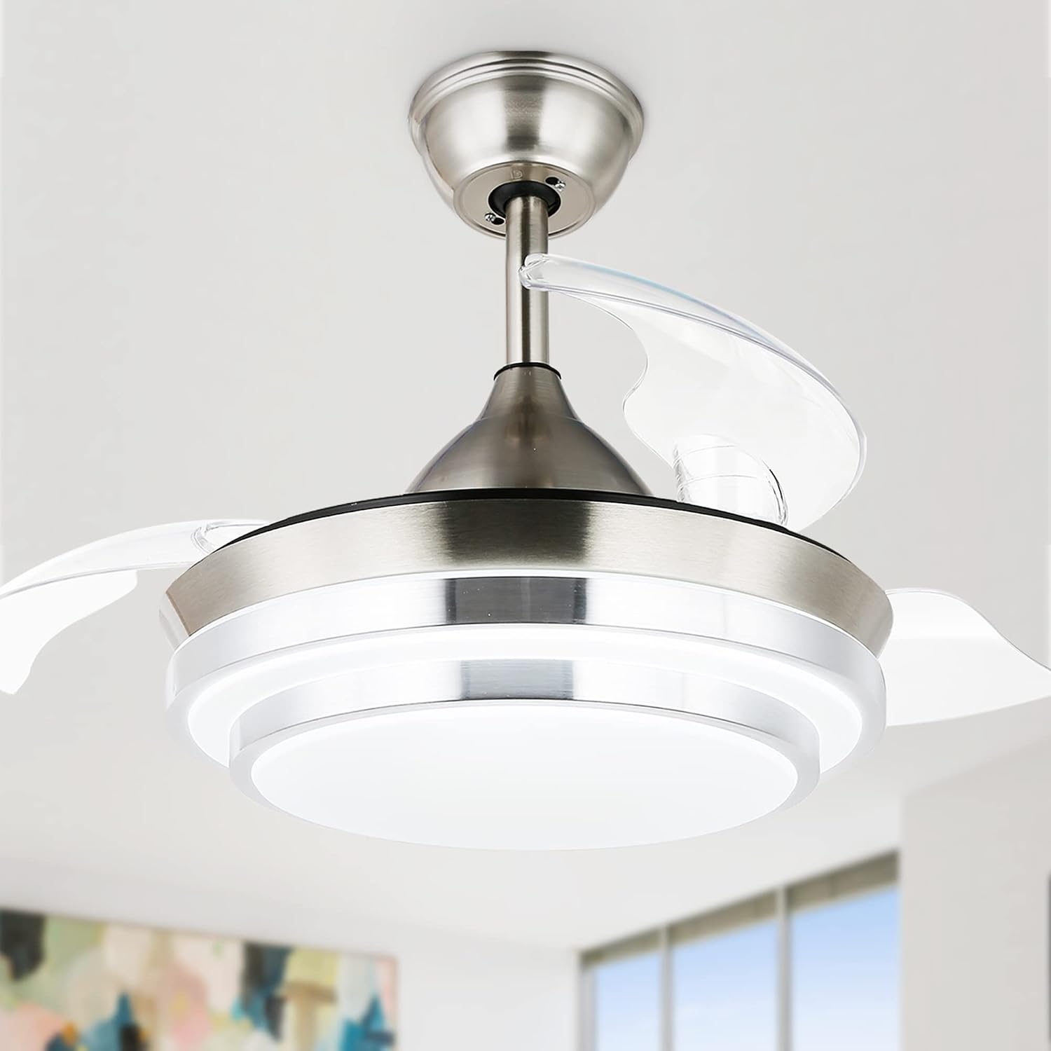 N/A 36inch Retractable Ceiling Fan with Lights，LED Modern Ceiling Fan with Remote Control, Retractable Blades, 3 Color Dimmable for Bedroom/Living Room/Dining Room Nickel 36 Inch