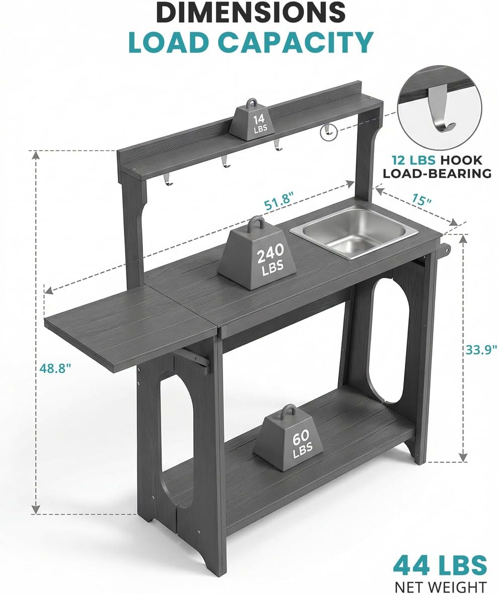 Outdoor Potting Bench Table with Removable Sink, Heavy Duty, Gray | All-weather HIPS, sleek gray finish, fold-out 51.8 in worktop, 7 tool hooks, storage shelves, 240 lb load, no rot or sealing