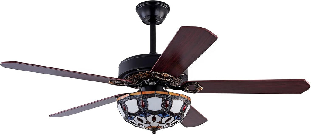 Tiffany-Style Stained Glass Ceiling Fan with Lights,52 Inch Chandelier Fan Light with 5 Reversible Wood Blades 3 Color/3 Speed Indoor Ceiling Fan with Remote Control,for Dining Living Room