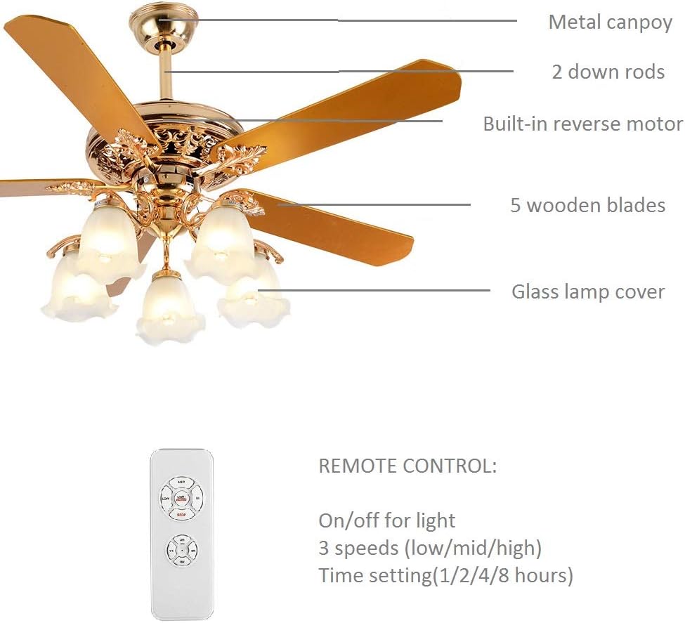 52 Inch Gold Ceiling Fan with LED Light and Remote Control,Creative Design Chandelier Fan Light with 5 Wood Reversible Blades 5 Frosted Glass Lampshades,Quiet Motor