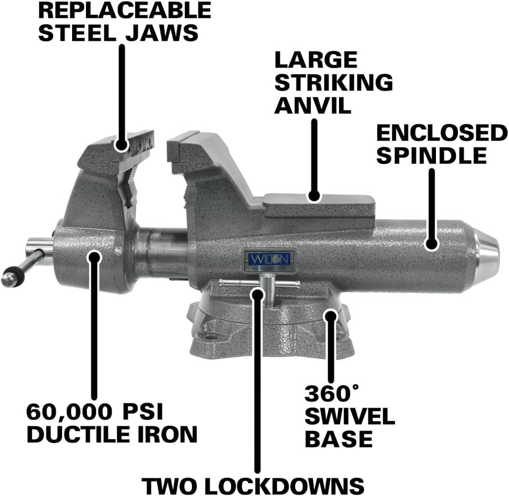 Wilton Mechanics Pro Bench Vise, 10' Jaw (Width-12', Opening-5-1/4') Throat (Model 8100M), Gray