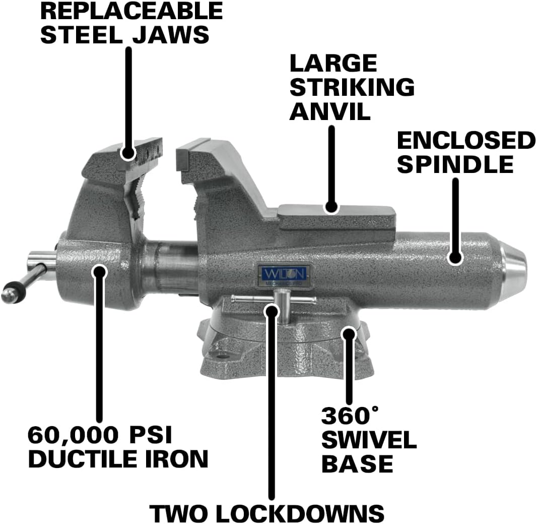 Wilton Mechanics Pro Bench Vise, 10' Jaw (Width-12', Opening-5-1/4') Throat (Model 8100M), Gray