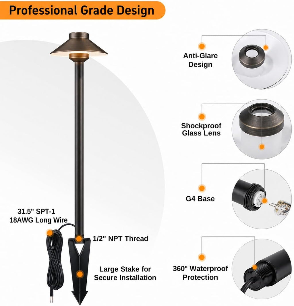 Gardenreet Low Voltage Landscape Lighting Brass - 12v Pathway Lights Waterproof, Hardwired Path Light Outdoor, Antique Bronze for Exterior Patio Garden with 3W 2700K Warm White G4 Bulb (4 Pack)