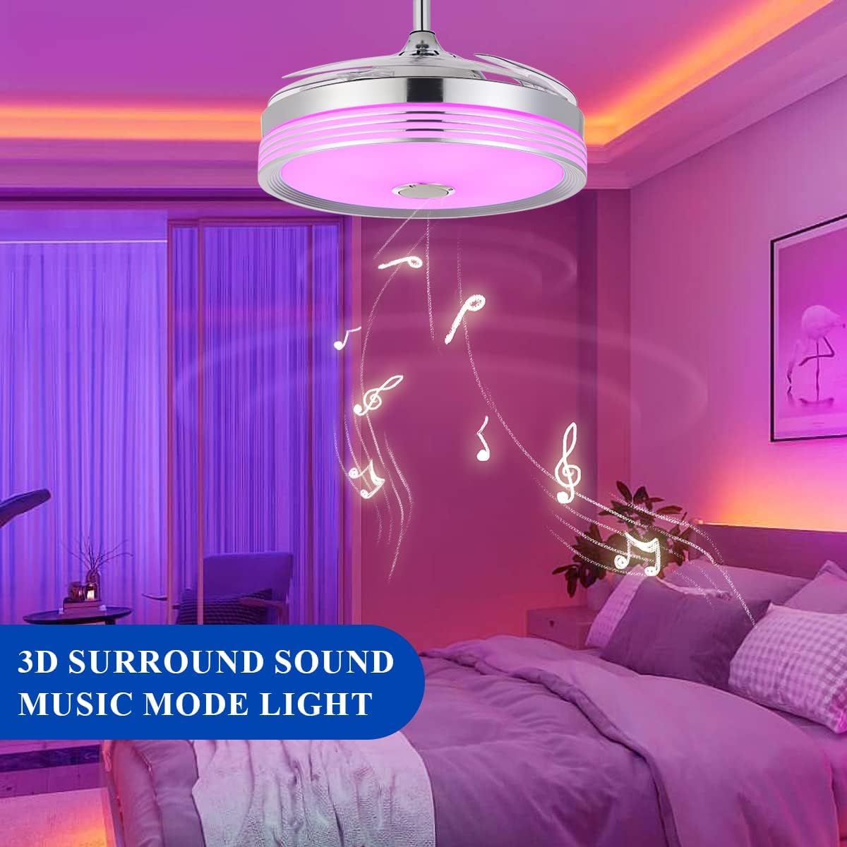 48 inch Modern Retractable Ceiling Fan with Lights and Remote Control, 6Speed Dimmable Fandelier, Smart Ceiling Fan Light with Bluetooth Speaker, RGB Color Reversible Bedroom Living Room, Chrome