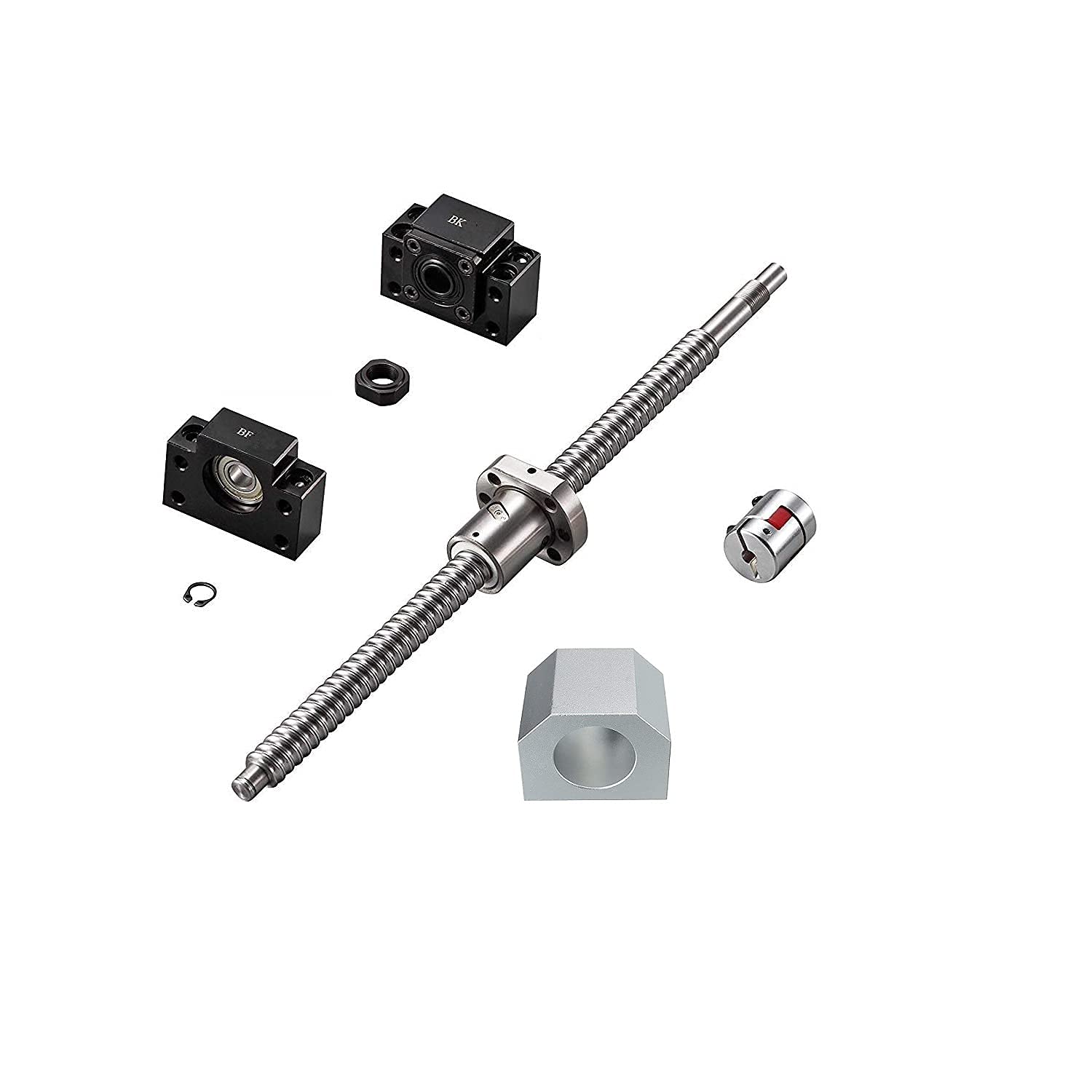 20mm Ballscrew Kit SFU2010 RM2010 Anti-Backlash Ball Screw, L 21.65 inch / 550mm 10mm Pitch + Ball Screw Nut + BK/BF15 Bearing End Supports + Coupler + Nut Housing for CNC Machine