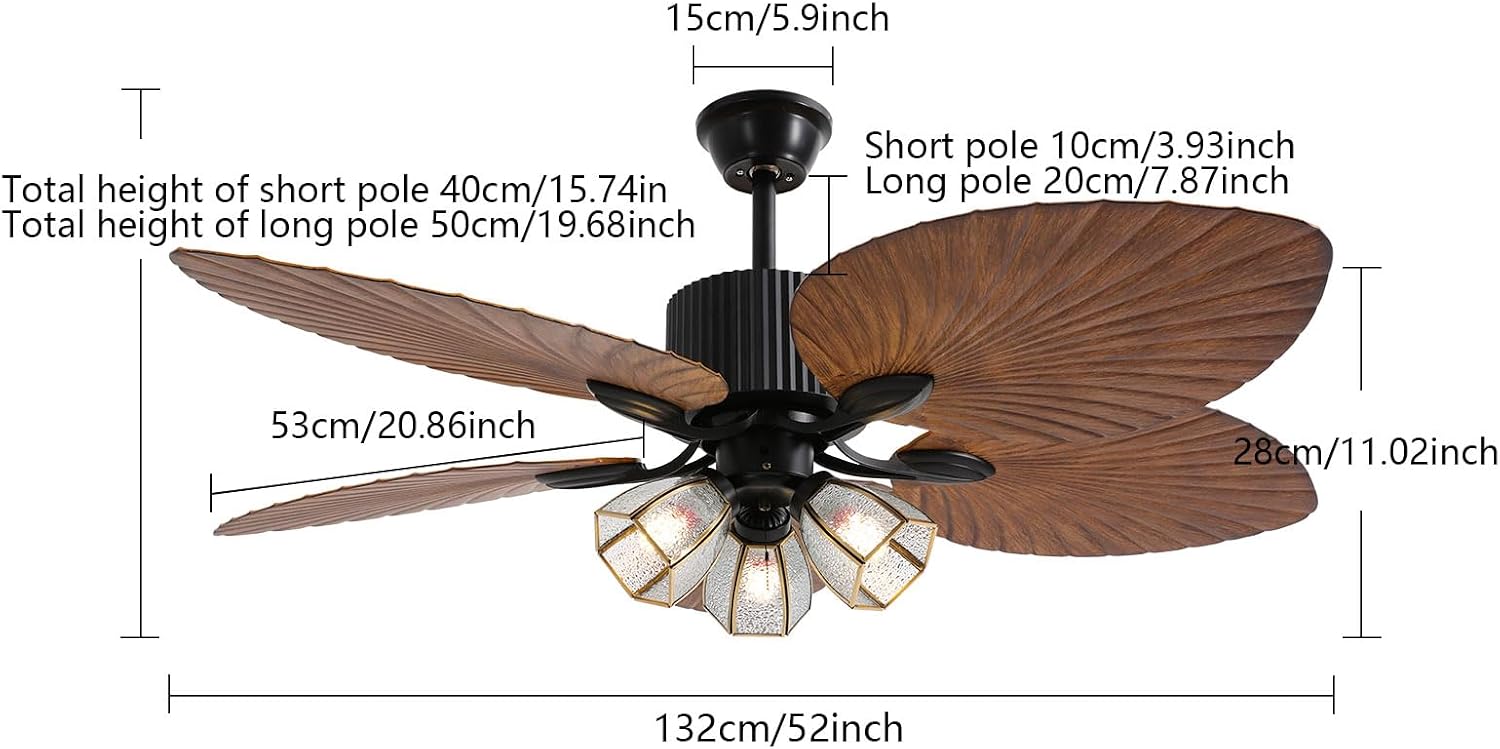 52 Inch Tropical Ceiling Fan, Palm Wooden Leaf Ceiling Fan with Remote & Lights, Timer Function & Adjustable Height Vintage Quit Fan Light for Living Room Kitchen Bedroom Patio Porche Covered Deck