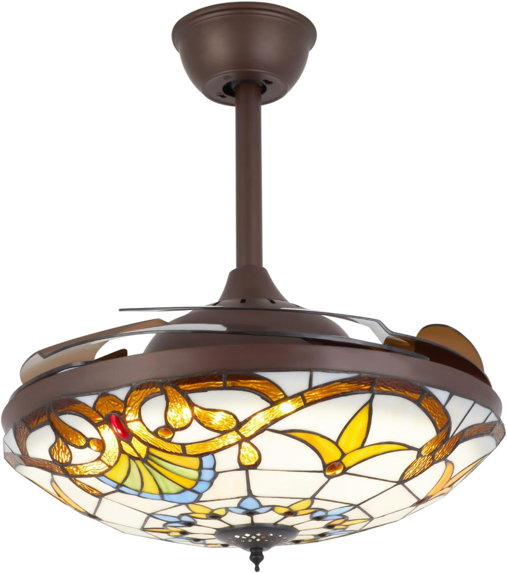 42'' Tiffany Ceiling Fan with Lights, Stained Glass Vintage Ceiling Fan Chandelier, 6 Speed Quiet Indoor Lighting Fixture Retractable Blades with Remote for Bedroom Living Room Hotel
