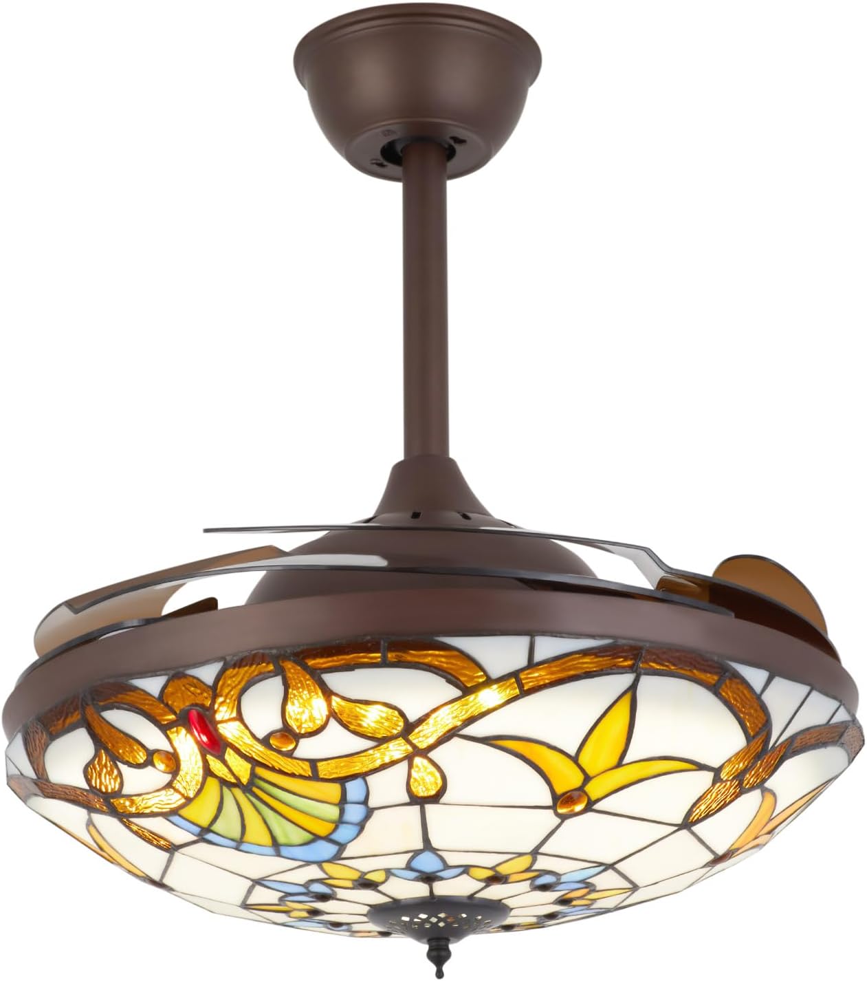 42'' Tiffany Ceiling Fan with Lights, Stained Glass Vintage Ceiling Fan Chandelier, 6 Speed Quiet Indoor Lighting Fixture Retractable Blades with Remote for Bedroom Living Room Hotel