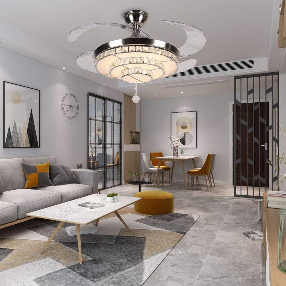 Modern 42'' Crystal Chandelier Ceiling Fan with LED Light Kit and Remote Invisible Ceiling Fan Light Retractable 3 Color Changing LED Fandelier for Living Room Bedroom