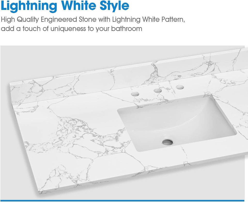 48 Inch Engineered Stone Bathroom Vanity Sink Top, with Undermount Rectangular Middle Sink, Vanity Countertop with 8 inch Faucet Hole Spacing and Backsplash in Lightning White