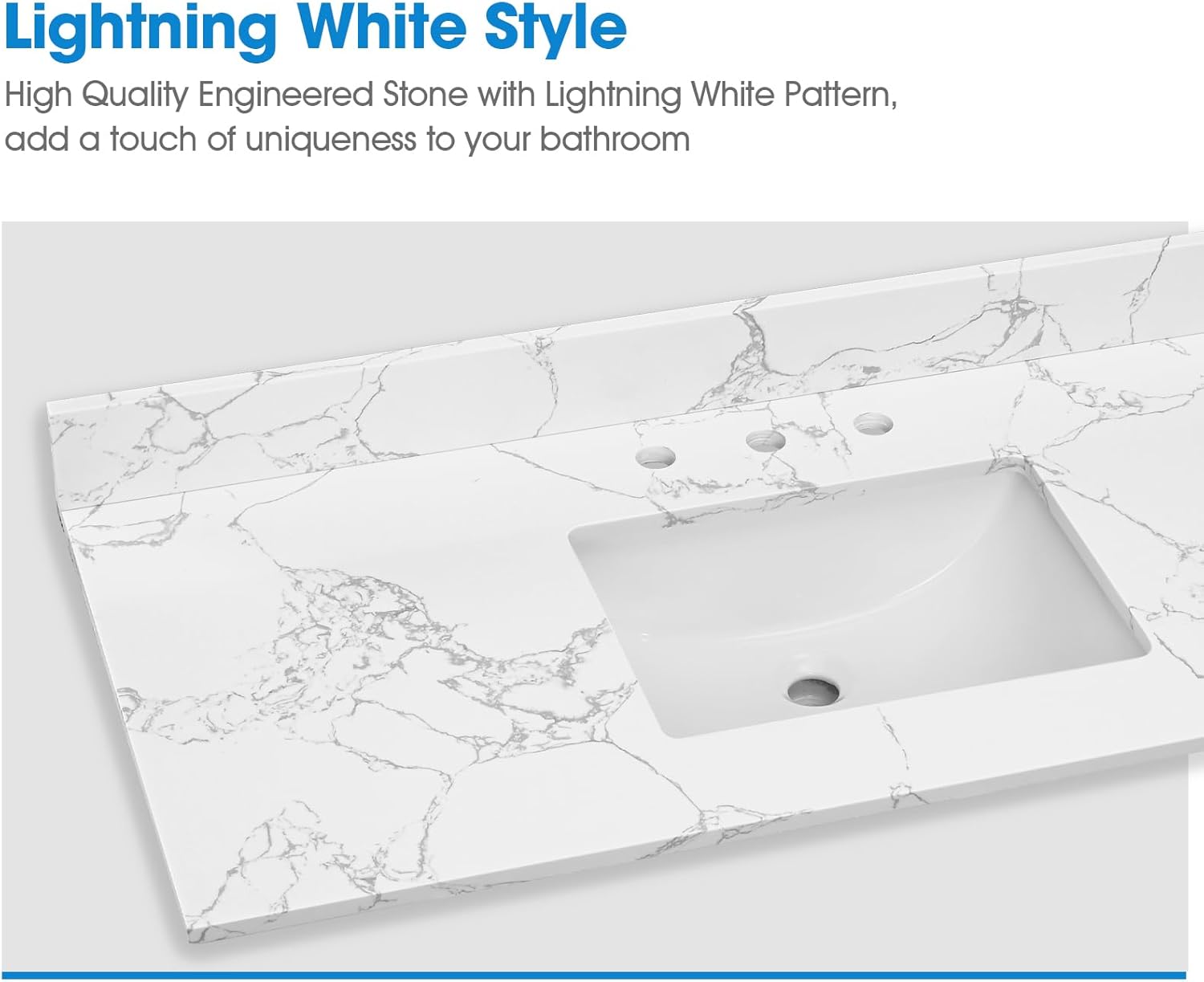 48 Inch Engineered Stone Bathroom Vanity Sink Top, with Undermount Rectangular Middle Sink, Vanity Countertop with 8 inch Faucet Hole Spacing and Backsplash in Lightning White