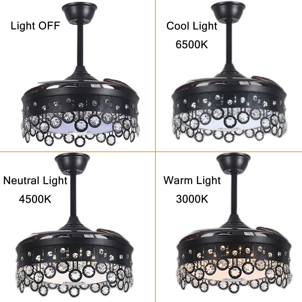 42' Chandelier Ceiling Fan with Speaker and 7 Colorful Dimmabel Light, Retractable Ceiling Fan with Remote Control 3 Speed Black Fandelier for Dining/Living Room