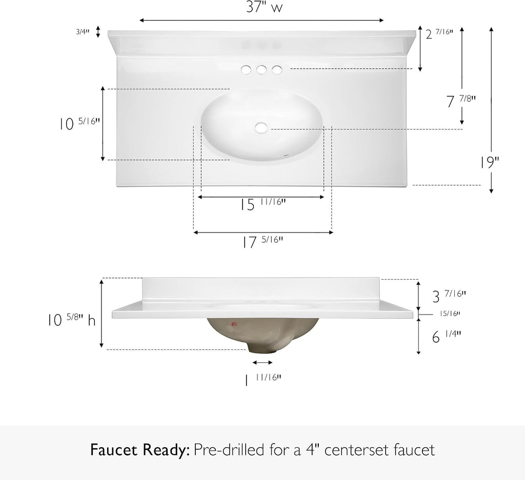 Pemberly Row 37x19 in Marble Single Bowl Vanity Top, Solid White Finish, Pre-Drilled Faucet Holes, Cultured Marble with Oval Sink, Integrated Backsplash, Durable Bathroom Countertop