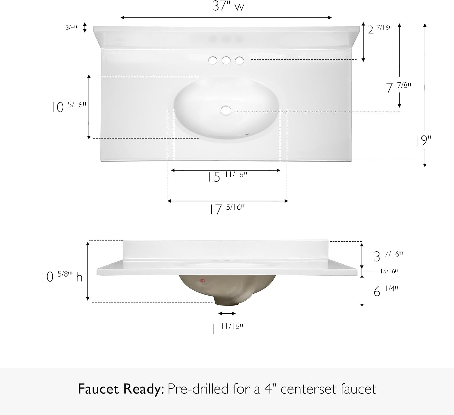 Pemberly Row 37x19 in Marble Single Bowl Vanity Top, Solid White Finish, Pre-Drilled Faucet Holes, Cultured Marble with Oval Sink, Integrated Backsplash, Durable Bathroom Countertop