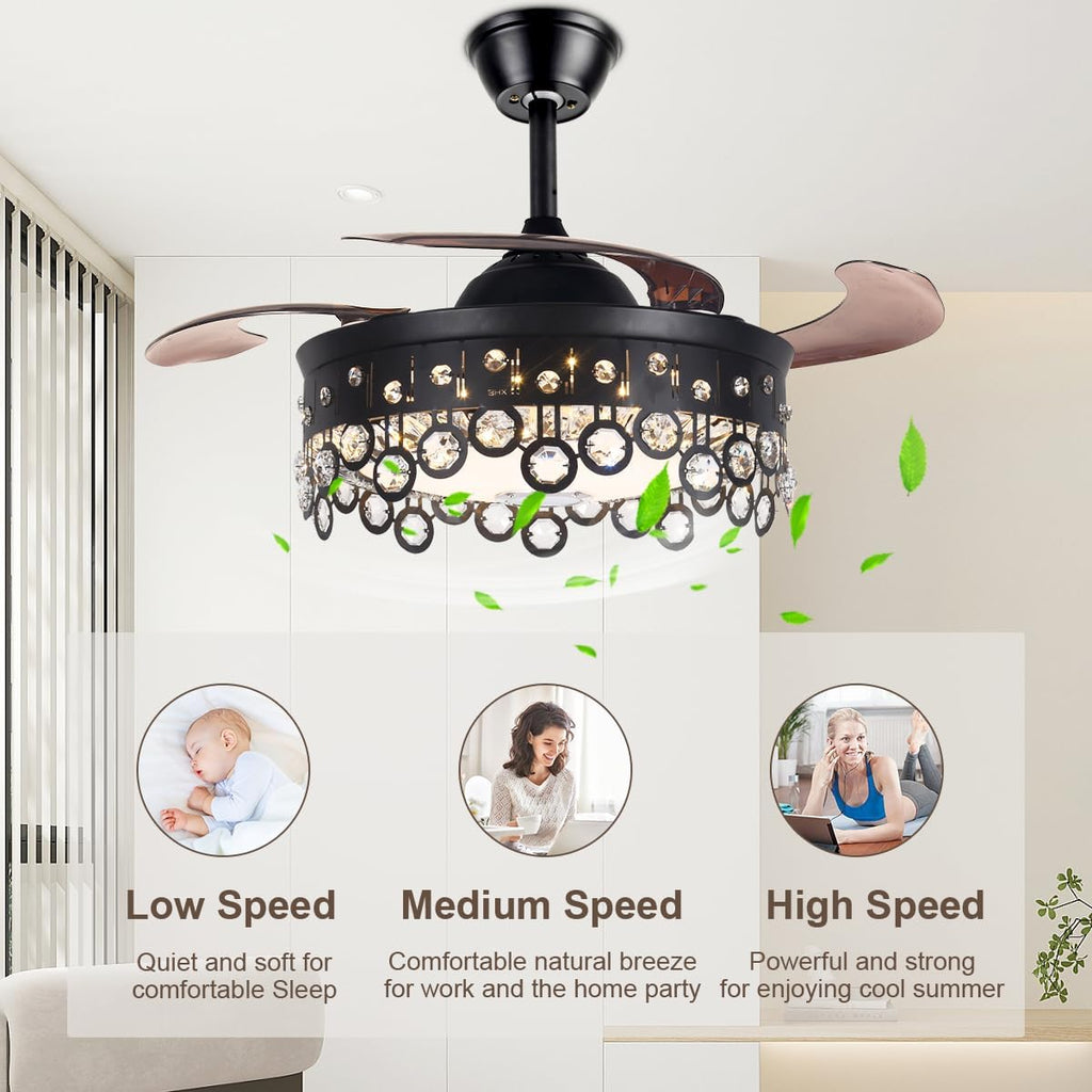 42 Inch Retractable Fandelier Ceiling Fan with Light Bluetooth Speaker, Modern Crystal Chandelier Fan with Remote 7 Color Change Black Smart Invisible Fan Light for Bedrooms Living Room