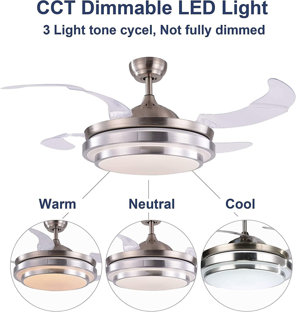 N/A 36inch Retractable Ceiling Fan with Lights，LED Modern Ceiling Fan with Remote Control, Retractable Blades, 3 Color Dimmable for Bedroom/Living Room/Dining Room Nickel 36 Inch