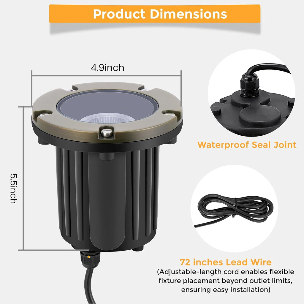 Gardencoin Brass Low Voltage Landscape Well Lights (5' Cover, 5.5' Tall), 12V LED Wired In-Ground Outdoor Up Lighting Fixture Waterproof, Adjustable Beam Direction Base, Without MR16 Bulb (4 Pack)