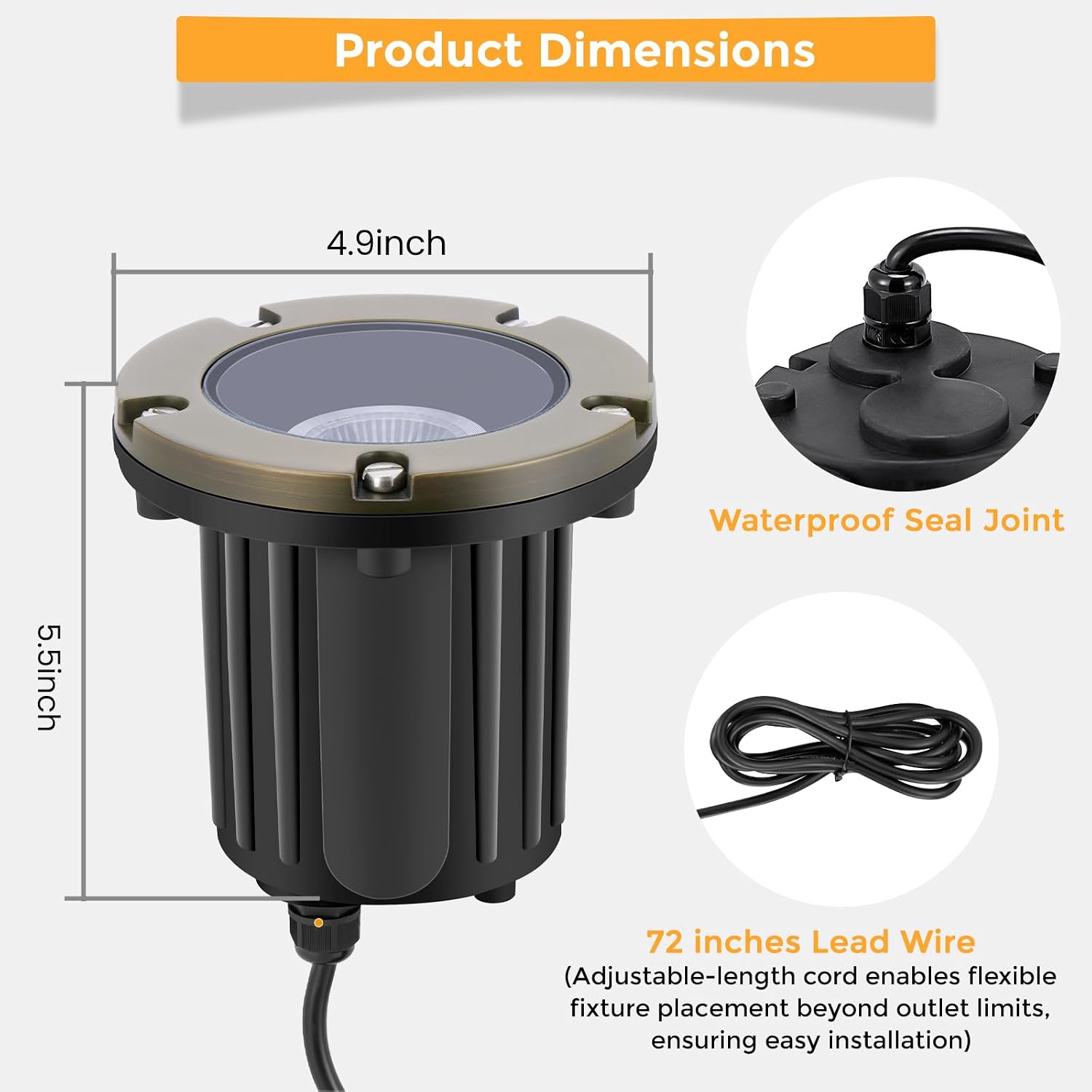 Gardencoin Brass Low Voltage Landscape Well Lights (5' Cover, 5.5' Tall), 12V LED Wired In-Ground Outdoor Up Lighting Fixture Waterproof, Adjustable Beam Direction Base, Without MR16 Bulb (12 Pack)