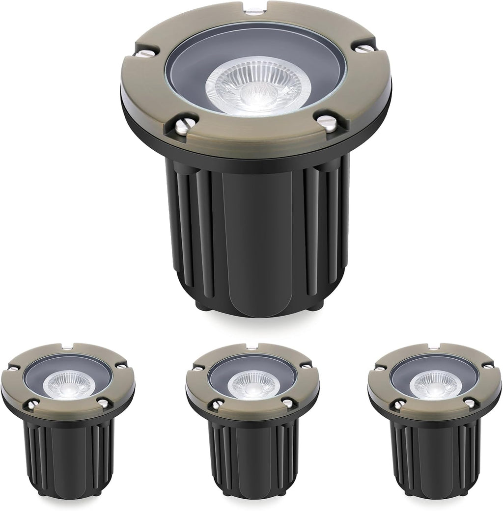 Gardencoin Brass Low Voltage Landscape Well Lights (5' Cover, 5.5' Tall), 12V LED Wired In-Ground Outdoor Up Lighting Fixture Waterproof, Adjustable Beam Direction Base, Without MR16 Bulb (4 Pack)
