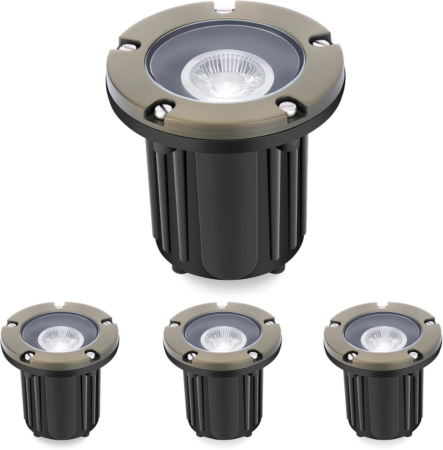 Gardencoin Brass Low Voltage Landscape Well Lights (5' Cover, 5.5' Tall), 12V LED Wired In-Ground Outdoor Up Lighting Fixture Waterproof, Adjustable Beam Direction Base, Without MR16 Bulb (4 Pack)