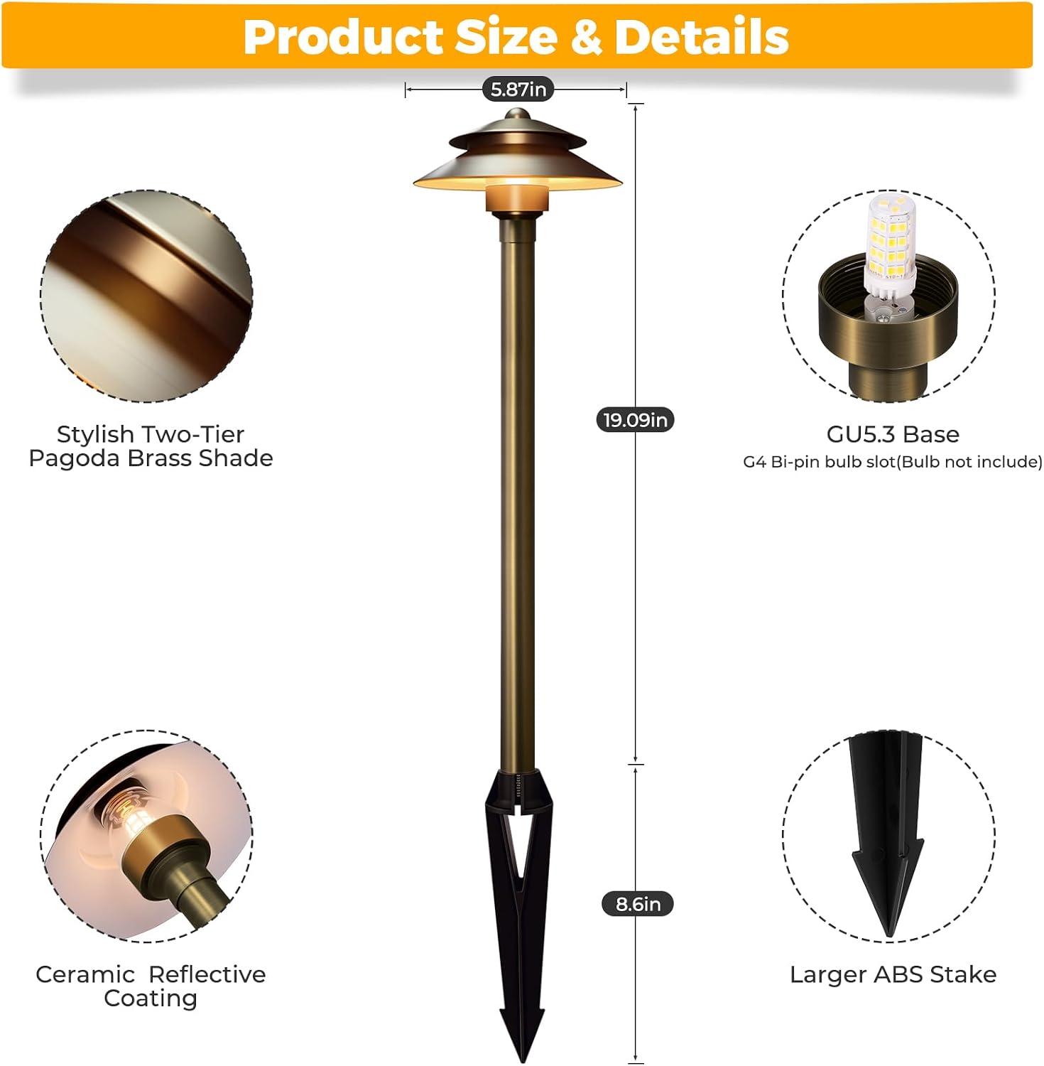 Gardencoin Solid Brass Low Voltage Landscape Pathway Lights (6'' Shade, 19'' Tall), 12V LED Heavy Duty Path Lighting Outdoor Wired, Waterproof Antique Bronze Walkway Light Without G4 Bulb,12 Pack