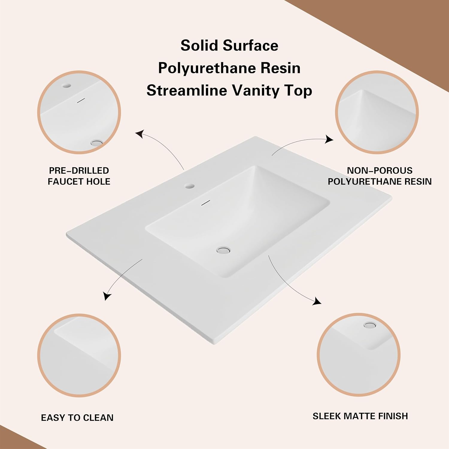 25'/31'/37' Solid Surface Resin Streamline Vanity Top with Sink-Durable, Consistent Color, Easy-to-Clean, Built-in Overflow, Single-Hole Faucet Mount (37'W x 22'D)