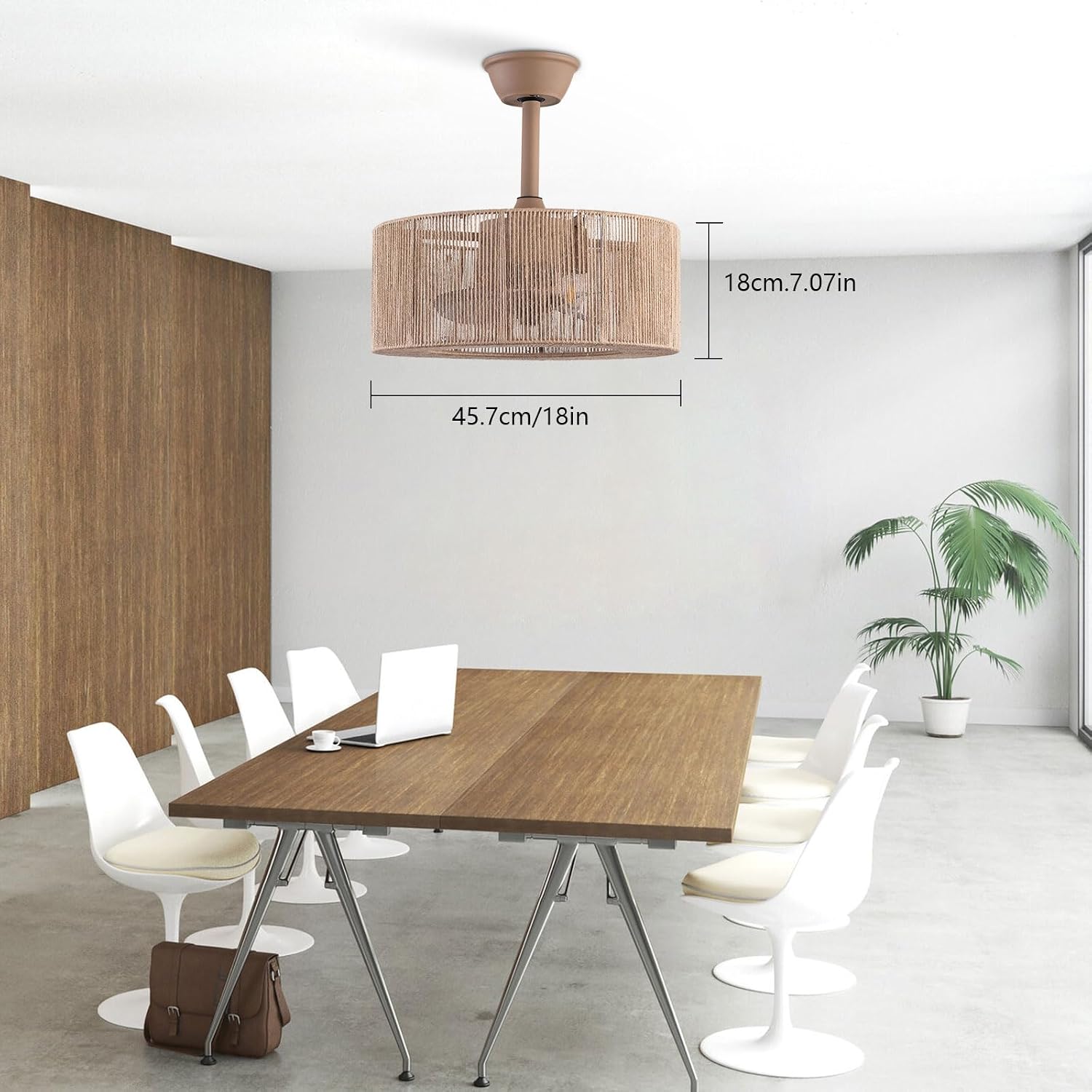 LOYALHEARTDY Boho Ceiling Fan with Light and Remote 18' 6-Speed 1/2/4/8H Timer Caged Modern Downrod Mount Bladeless Ceiling Fan Kids Fan, Hemp Rope Fringe Tassel Lampshade
