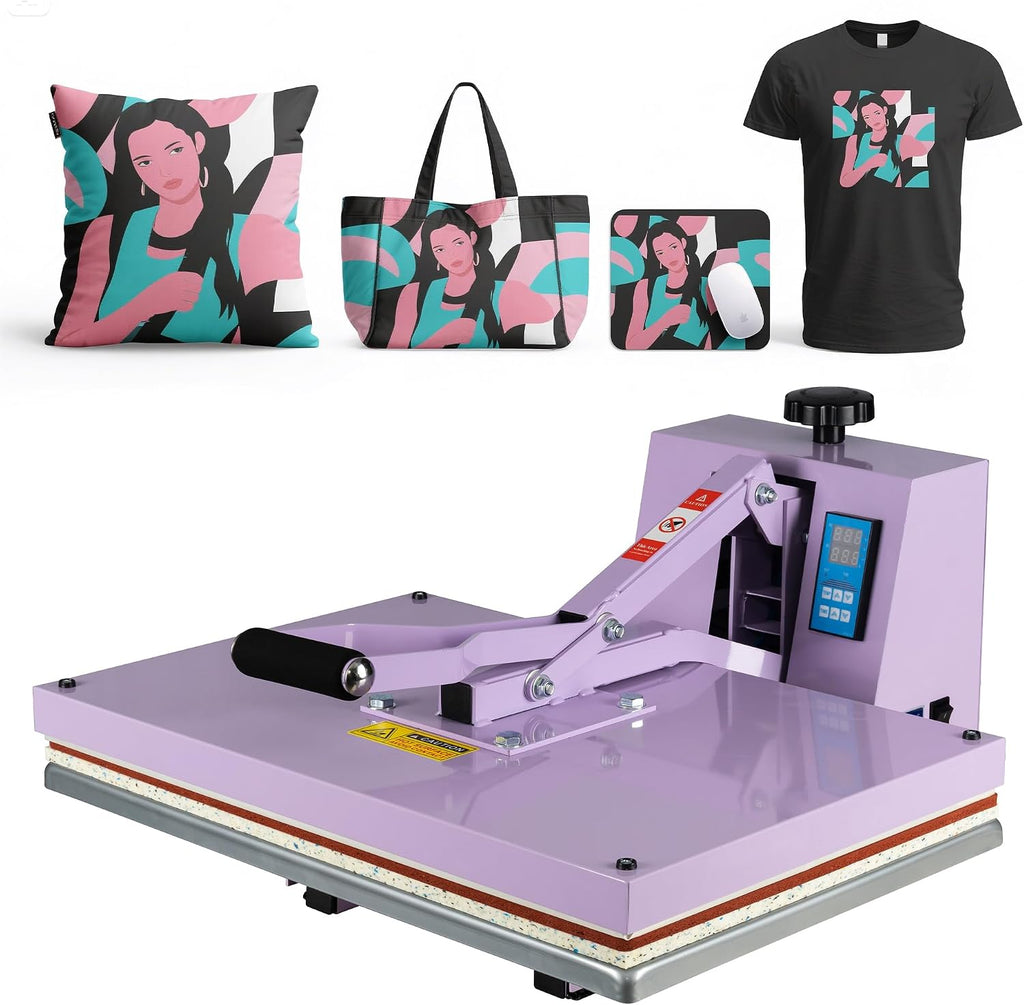 16x24 Inch Heat Press Machine, Manual Clamshell Heat Press with Slide - Out Base, Adjustable Pressure, Temperature and Time for Home Decor, Custom Gifts, Holiday Crafts, Small Businesses，Purple